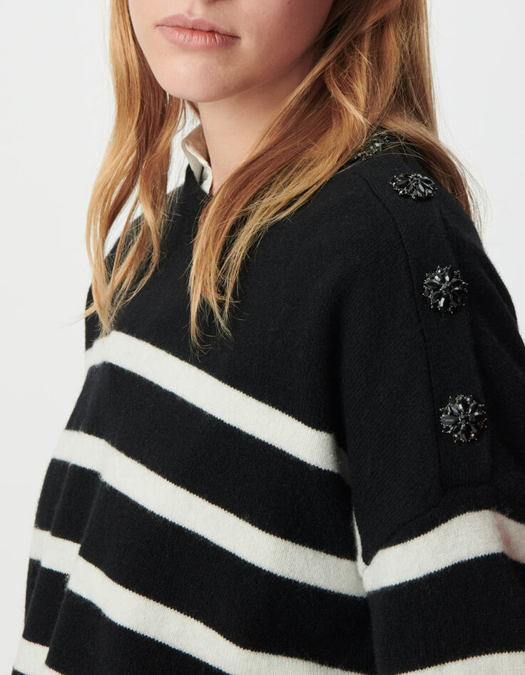Schwarzer Damen-Marinepulli 100 % Wolle Schulterkn&ouml;pfe-4