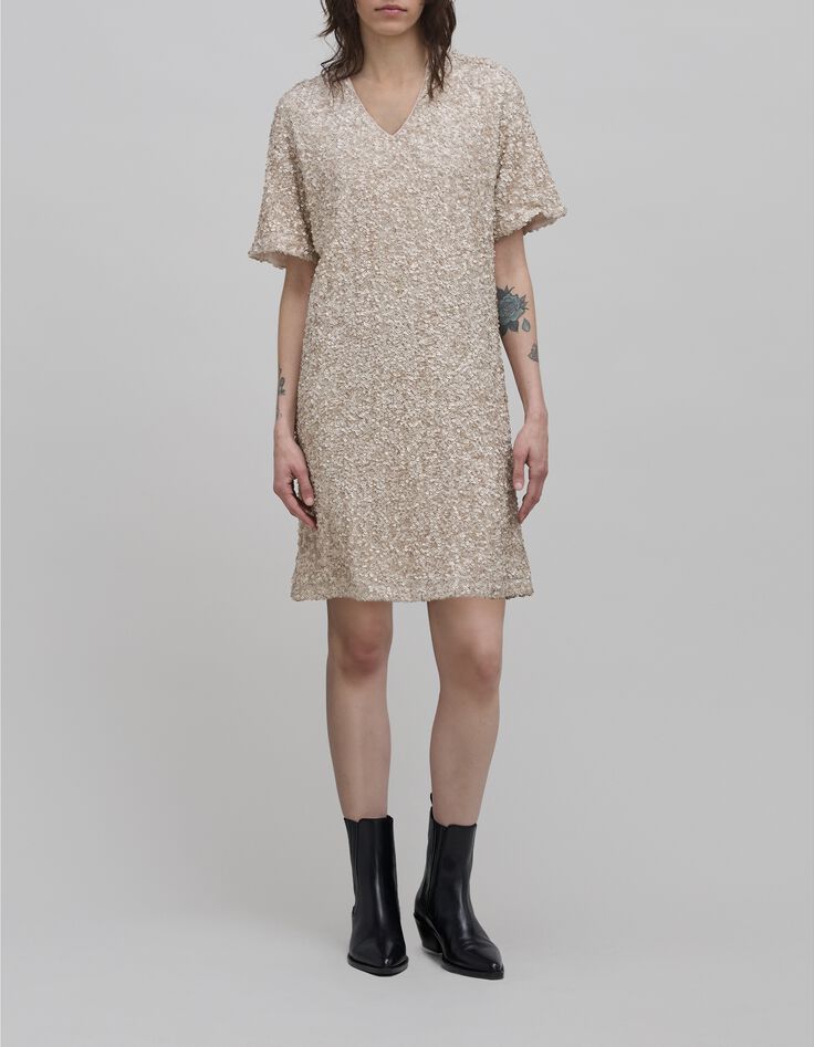 Champagnerfarbenes Kleid mit Paillettenbestickung Damen-1 Champagnerfarbenes Kleid mit Paillettenbestickung Damen-1
