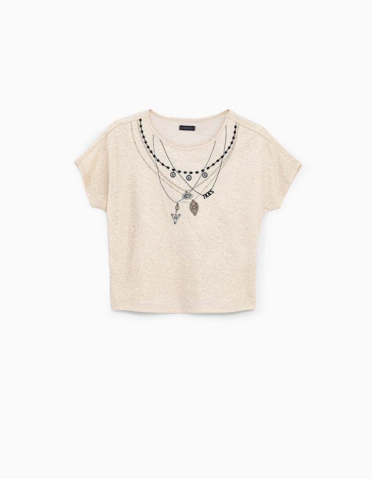 Girls&rsquo; ecru necklace embroidery T-shirt-2