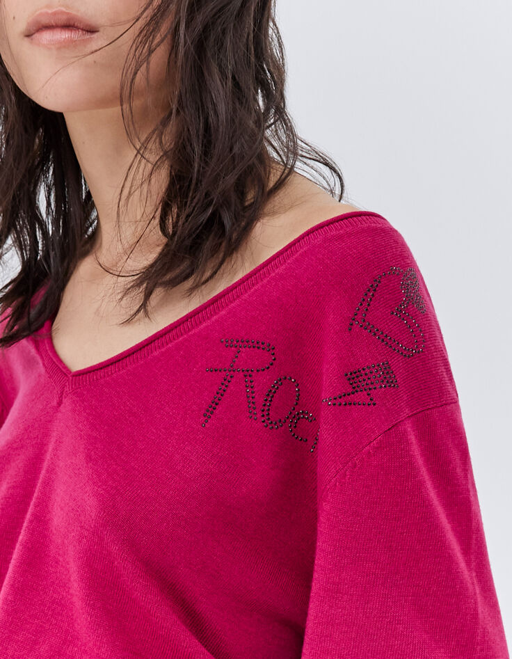 Pull rose en tricot à décor rock strass Femme-4