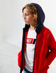 Mittelrote Jungen-Sweatjacke, marineblaue Kapuze -1