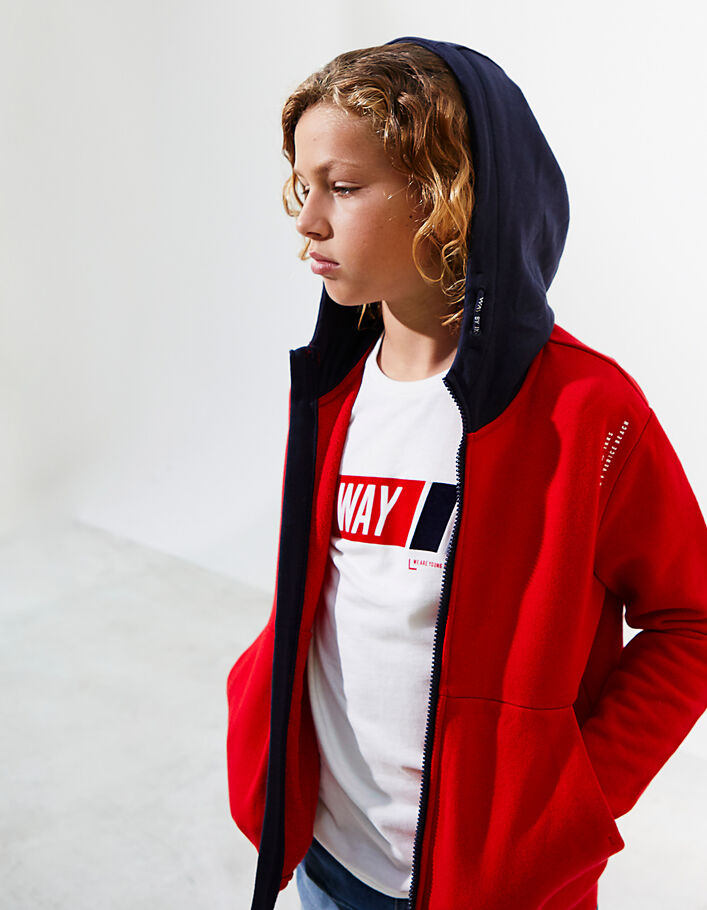 Boys' medium red cardigan with navy hood  - IKKS