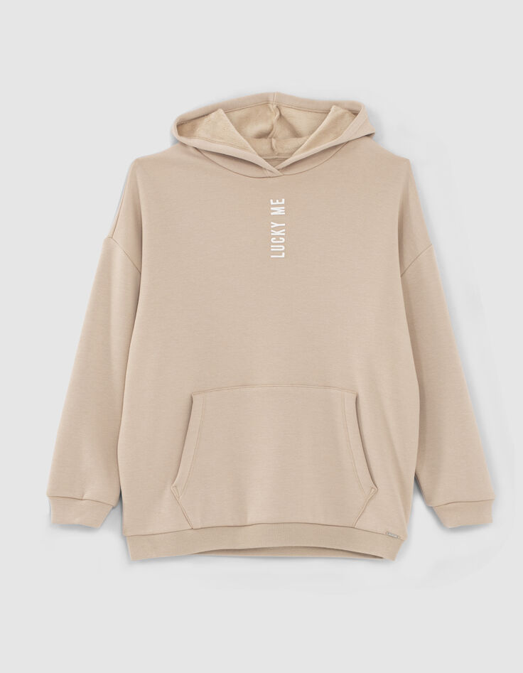 Lichtbeige sweater met kap en geborduurde tekst meisjes-1