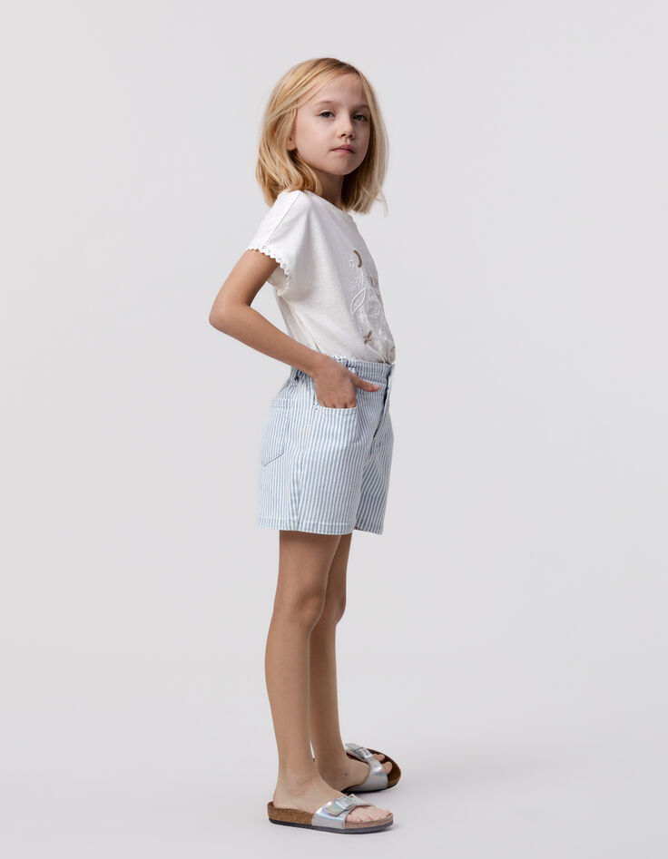 Short en jean blanc rayures bleues fille-1