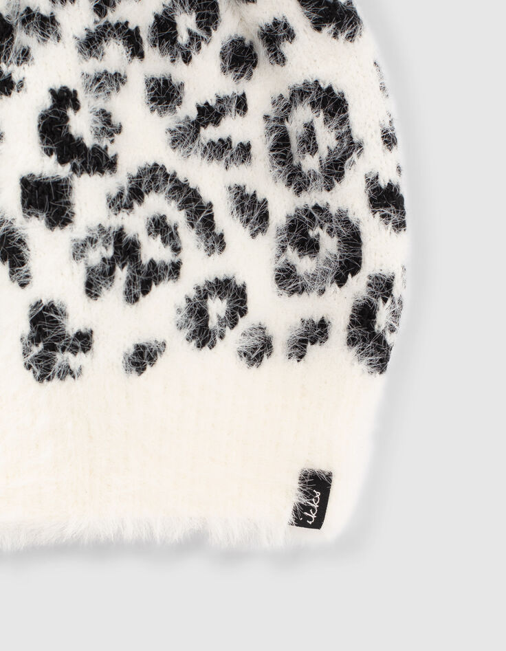 Bonnet écru tricot motif léopard fourré fille-4