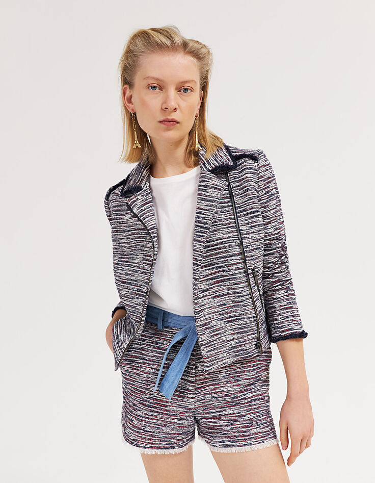 Veste courte en tweed revers denim femme-1