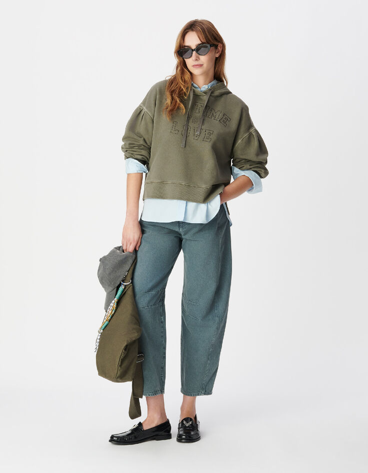 Kapuzenpulli khaki aus Bio-Baumwolle mit gestickter Botschaft Damen-1