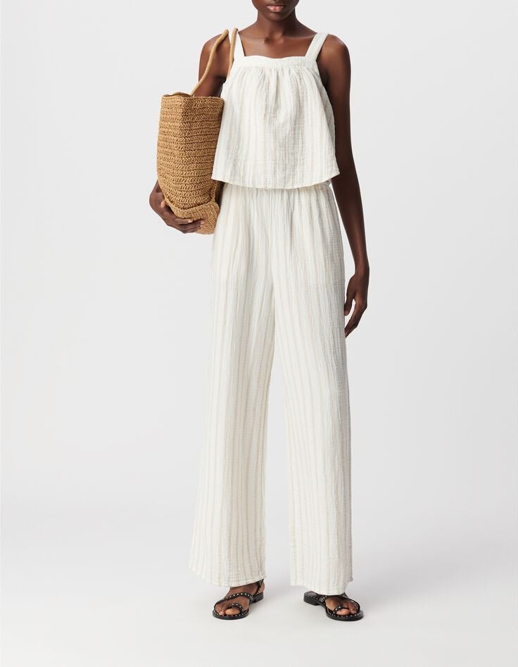 Ecru Overall, Baumwollgaze, beige Streifen-1