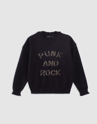 Pull navy fonc&eacute; tricot message jacquard fille - IKKS