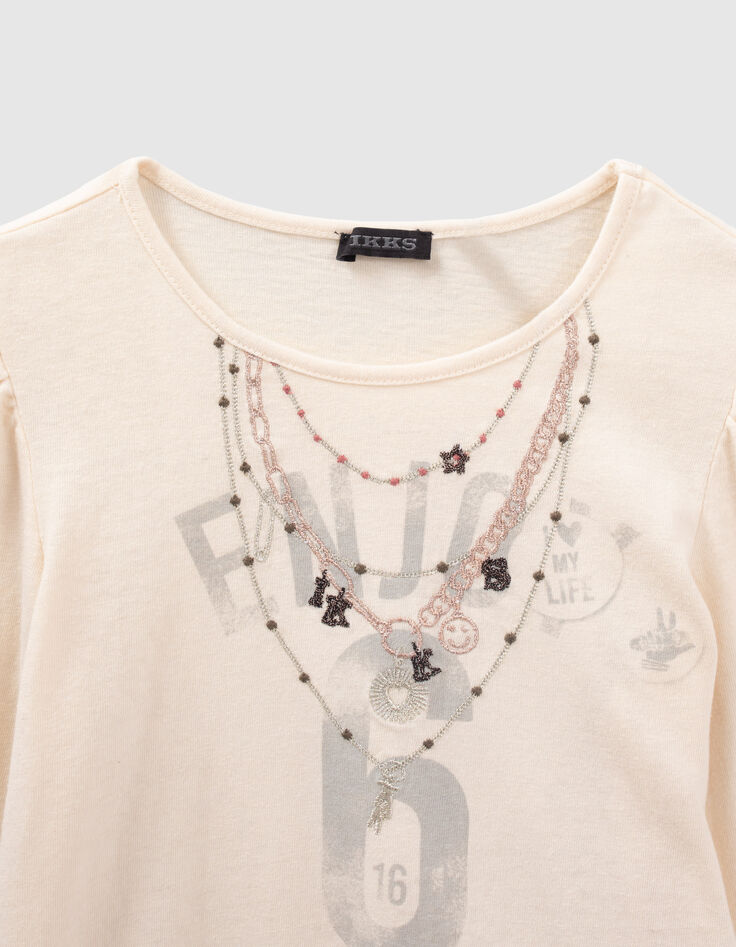 Girls’ ecru T-shirt with embroidered necklaces-2