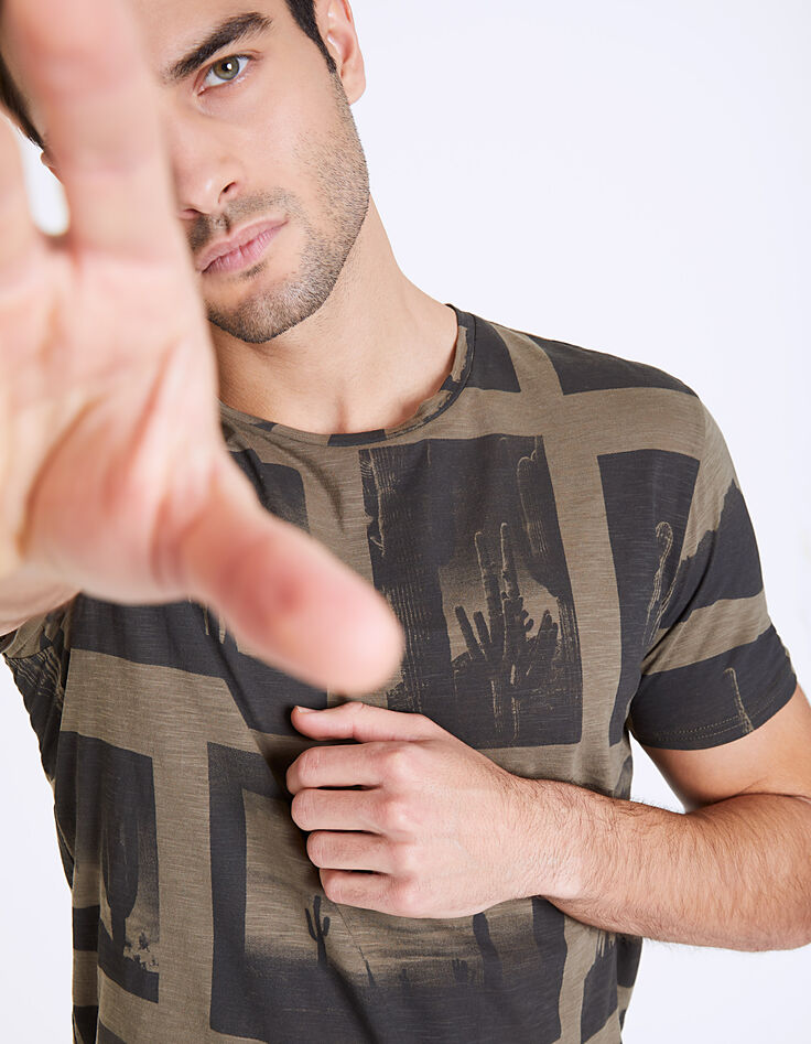 Camiseta caqui con estampado fotos cactus Hombre-1
