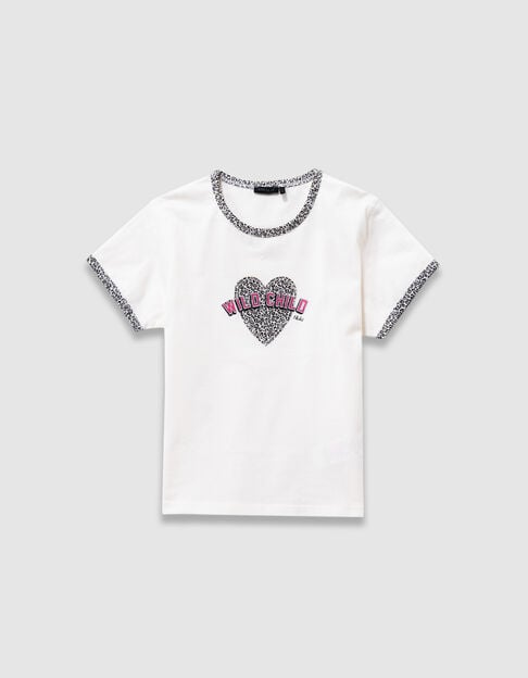 Ecru M&auml;dchen-T-Shirt, Biowolle, Leoprint-Herzen - IKKS