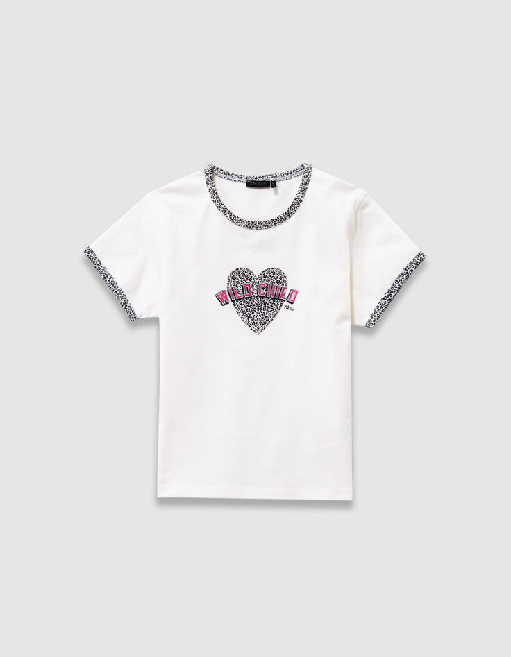 Ecru Mädchen-T-Shirt, Biowolle, Leoprint-Herzen-2