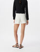 Short en jean blanc coton bio taille haute frangé Femme-3