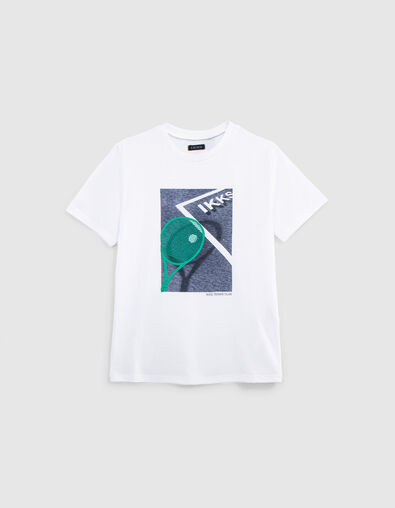 T-shirt blanc coton bio tennis flocage raquette gar&ccedil;on - IKKS