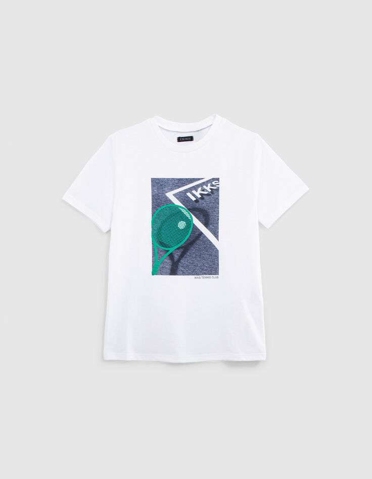 T-shirt blanc coton bio tennis flocage raquette gar&ccedil;on-1