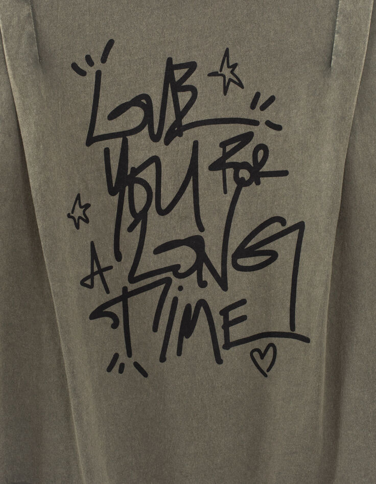 Tee-shirt en coton bio kaki délavé et message femme-3 Tee-shirt en coton bio kaki délavé et message femme-3