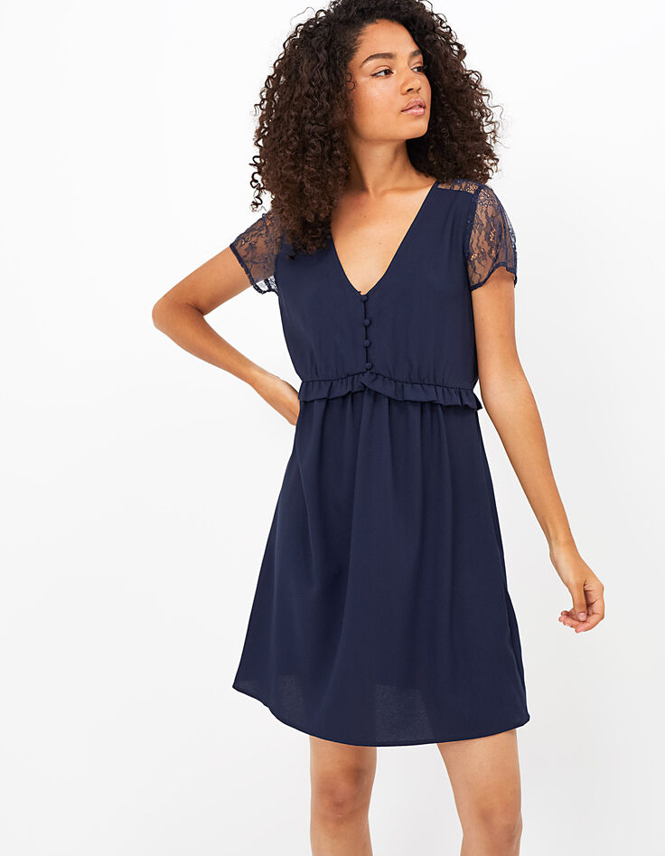 Vestido azul marino con mangas y espalda encaje I.Code-2