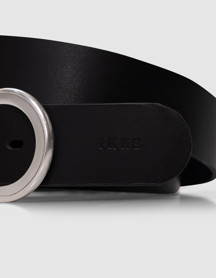 Zwart gladleren damesriem met ovale grijs metalen gesp-5