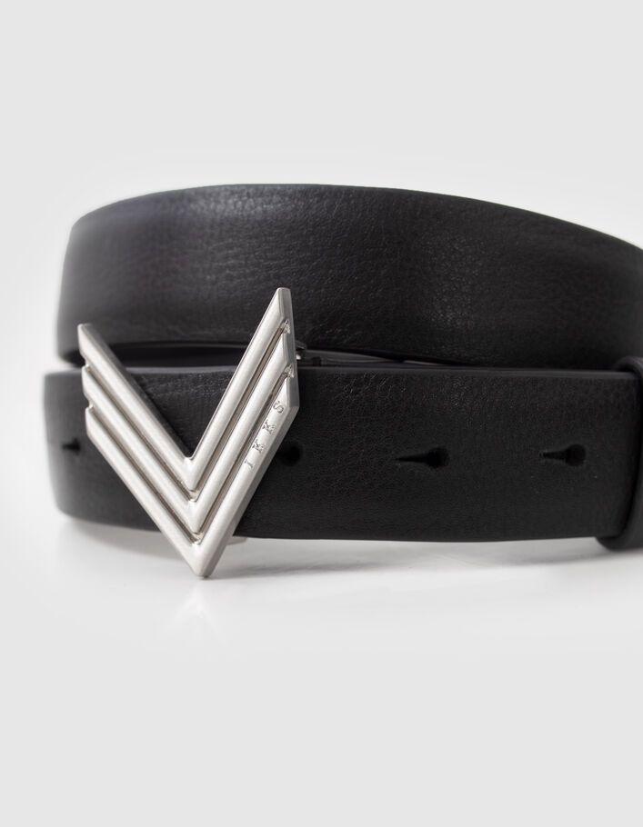 Women’s black leather belt with iconic chevron buckle - IKKS