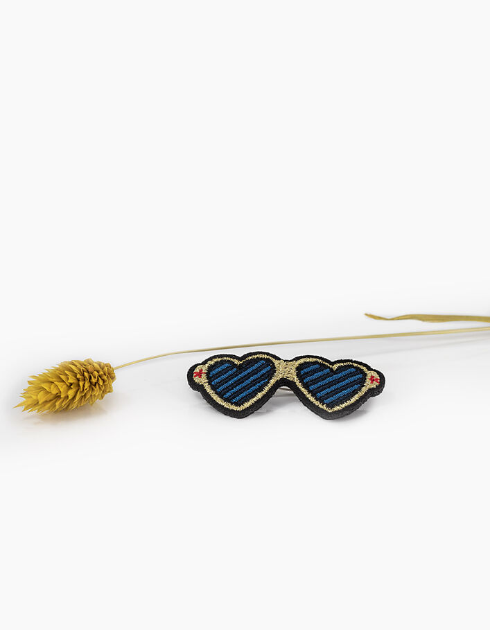 Goldfarbene, blaue und schwarze Herzsonnenbrillenbrosche I.Code - I.CODE