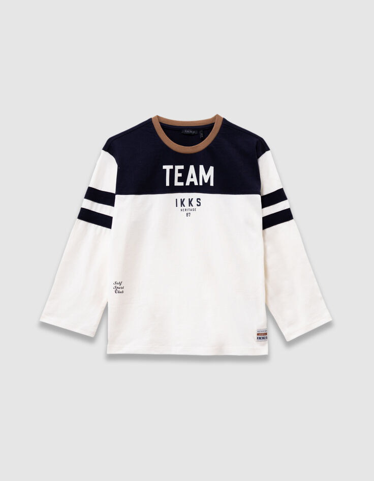 Boys’ navy and white organic cotton T-shirt, camel neck-4