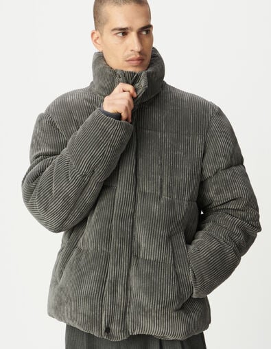Men’s grey corduroy padded jacket with detachable hood - IKKS