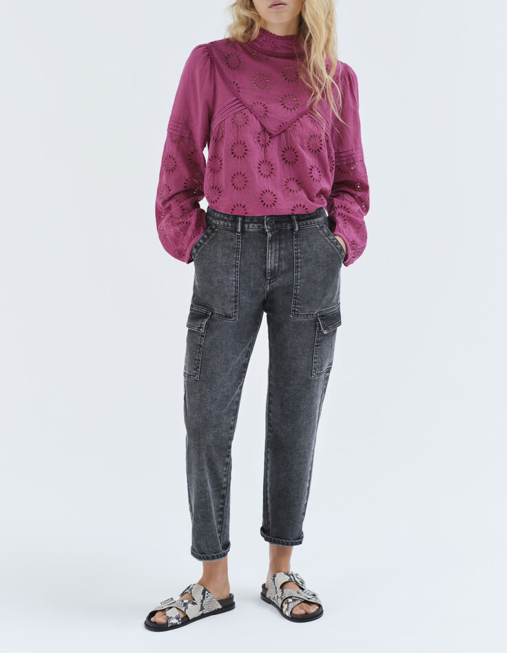 Jean gris battle cropped avec poches &agrave; rabat femme-1