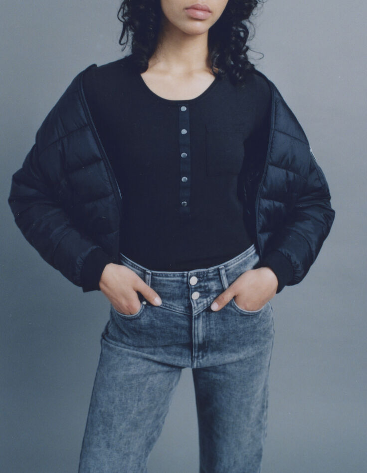 Women’s black ribbed knit long-sleeve T-shirt-1