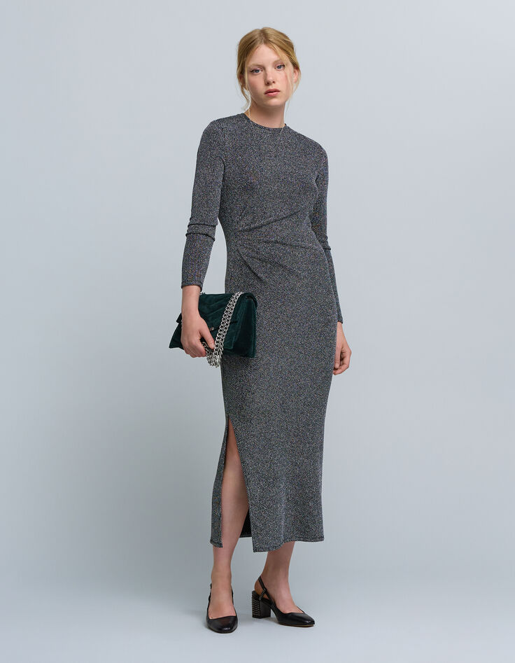 Silbernes Maxikleid aus geripptem Lurex-Netz für Damen-1