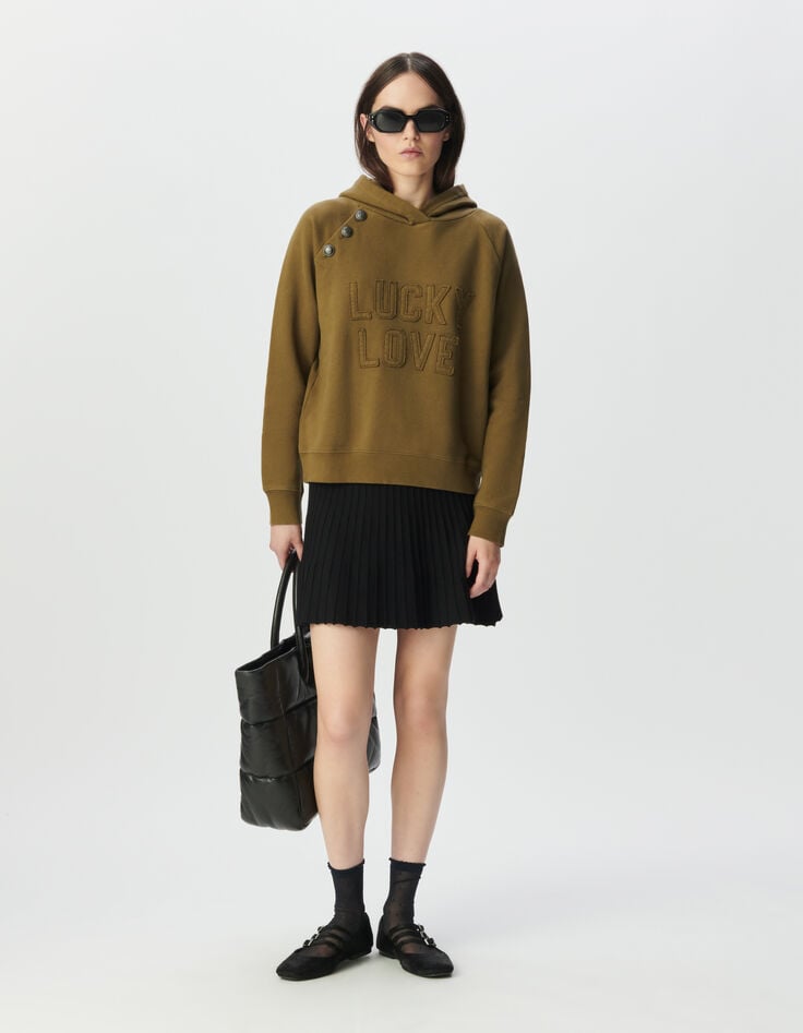 Women’s khaki organic cotton hoodie, buttons and slogan-1 Women’s khaki organic cotton hoodie, buttons and slogan-1