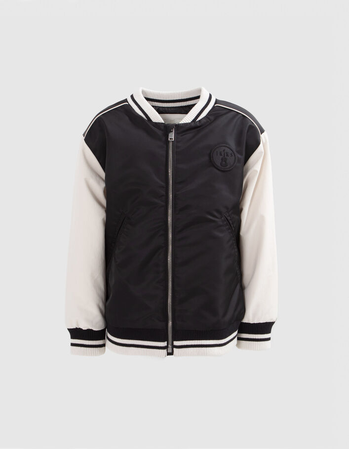 Boys’ black Varsity jacket, ecru sleeves, embroidered back - IKKS
