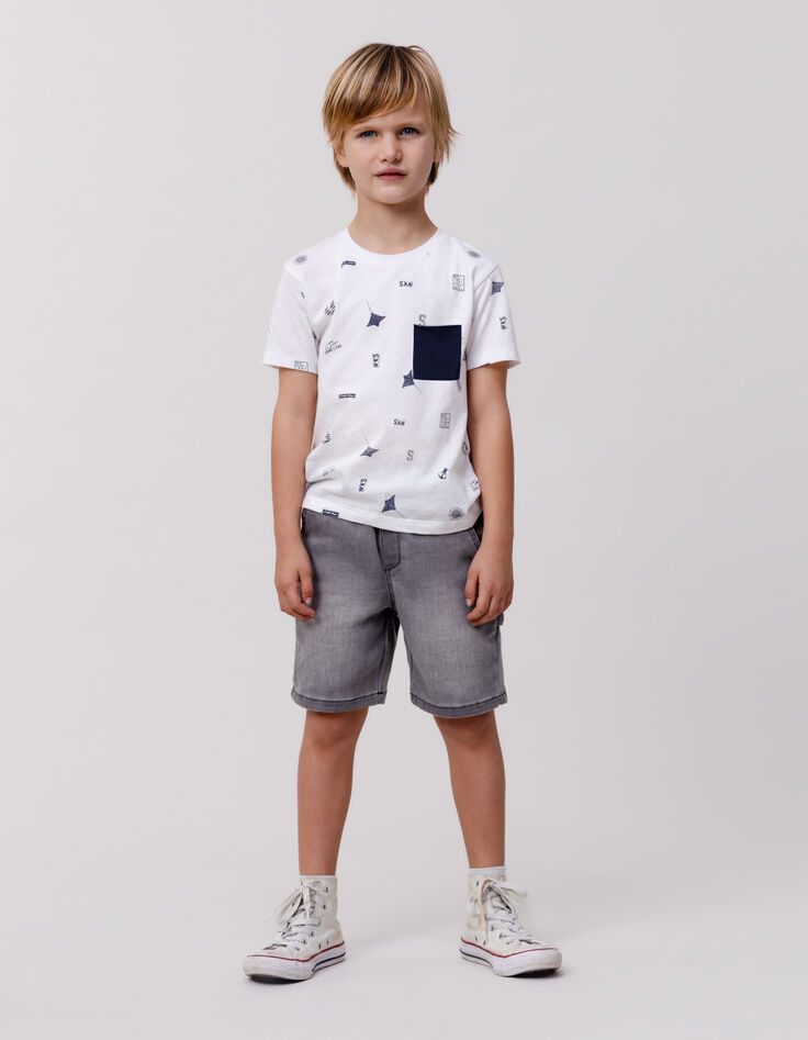 White organic cotton T-shirt with aquatic motifs for boy-1