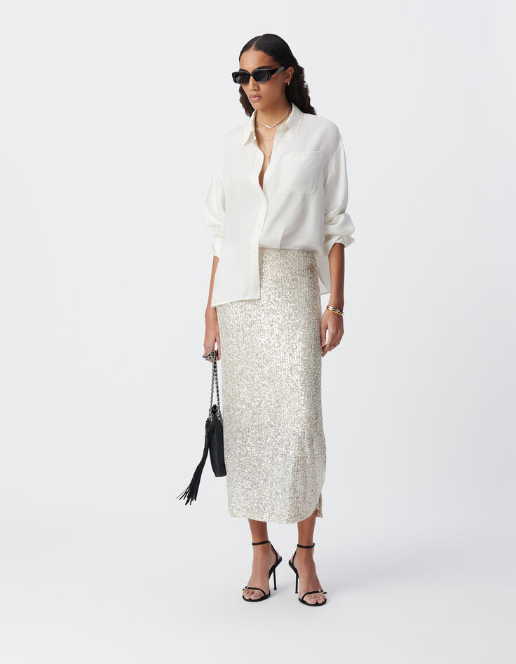Sequin-embroidered silver midi skirt Women-2