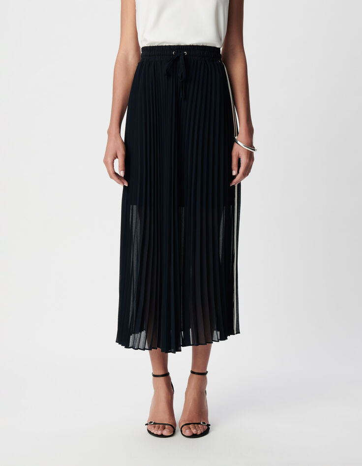 Navy lange plooirok met sportieve zijstrepen Dames-2