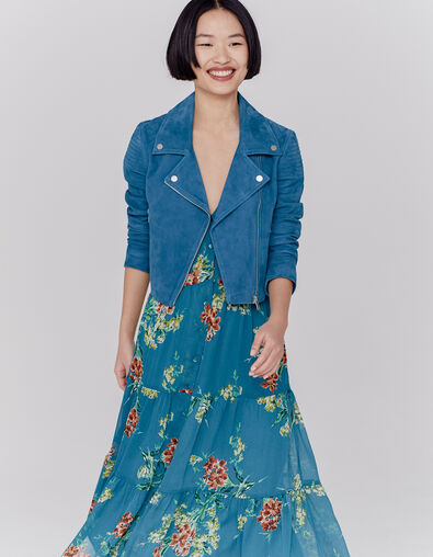 Women’s emerald blue goatskin suede short jacket - IKKS