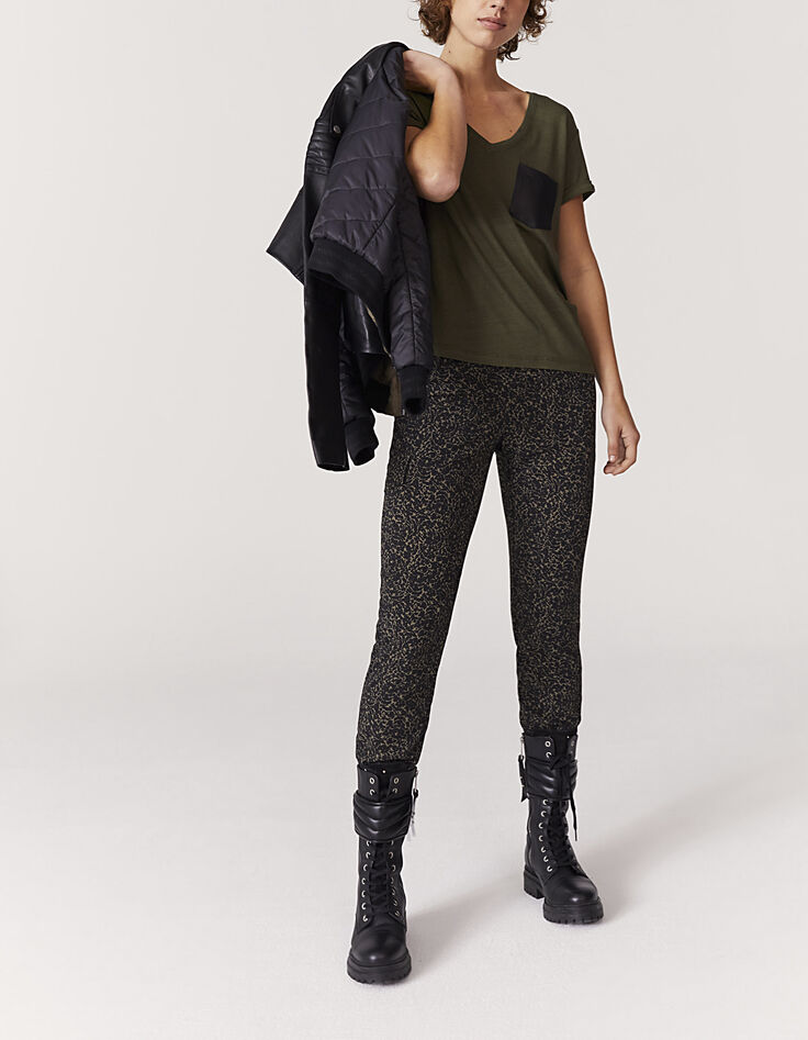 Tee-shirt col V en mix lin uni kaki détail poche femme-6