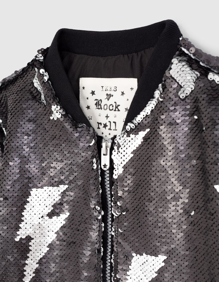 Girls’ black bomber jacket with reversible sequins-5