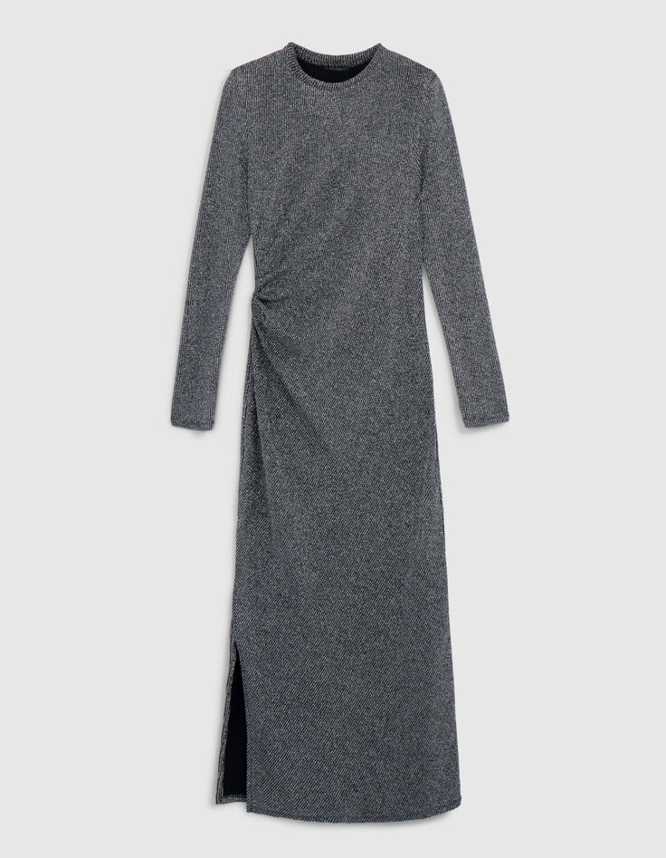 Silbernes Maxikleid aus geripptem Lurex-Netz für Damen-8