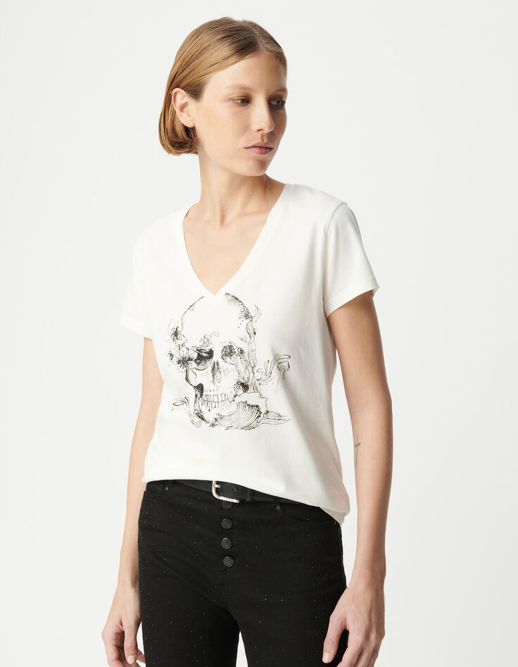 Tee-shirt col V blanc coton bio visuel tête de mort Femme-2