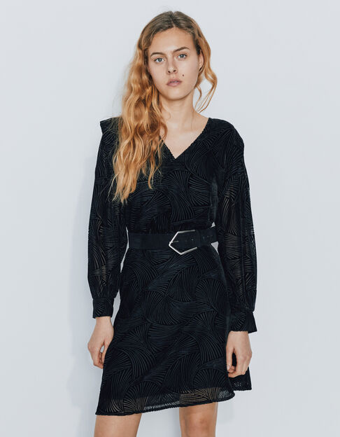 Robe courte en velour motif zèbre noir plis épaules femme