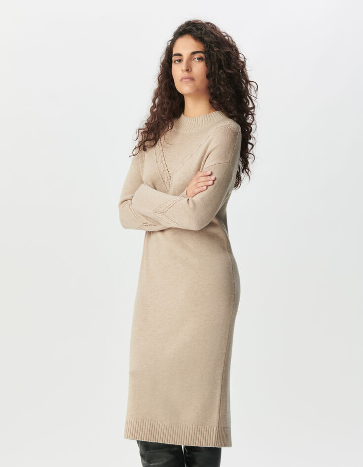 Robe pull beige tricot torsades placées Femme-2 Robe pull beige tricot torsades placées Femme-2