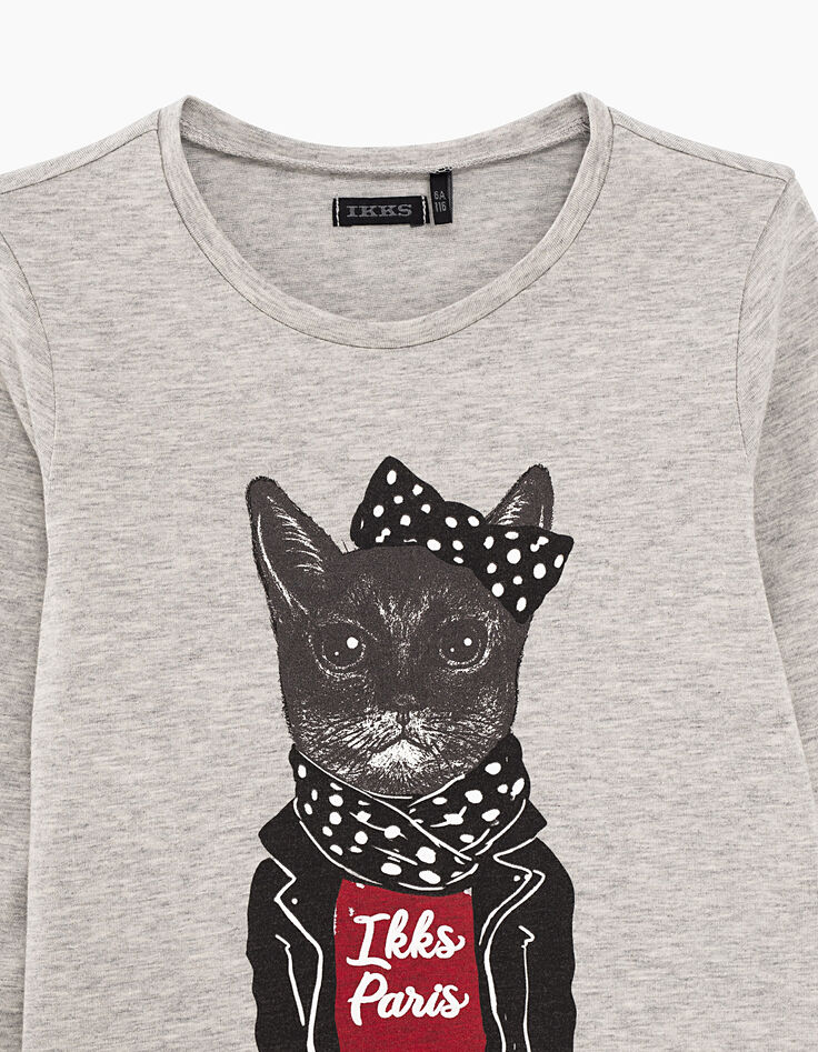 Tee-shirt gris chiné moyen visuel chat IKKS Paris fille-2