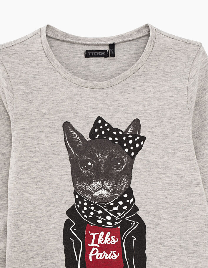 Girls’ medium grey marl IKKS Paris cat graphic T-shirt - IKKS