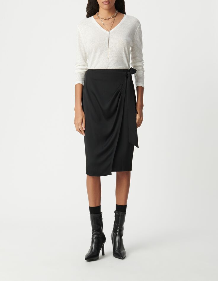 Jupe portefeuille midi noire noeud côté Femme-1 Jupe portefeuille midi noire noeud côté Femme-1