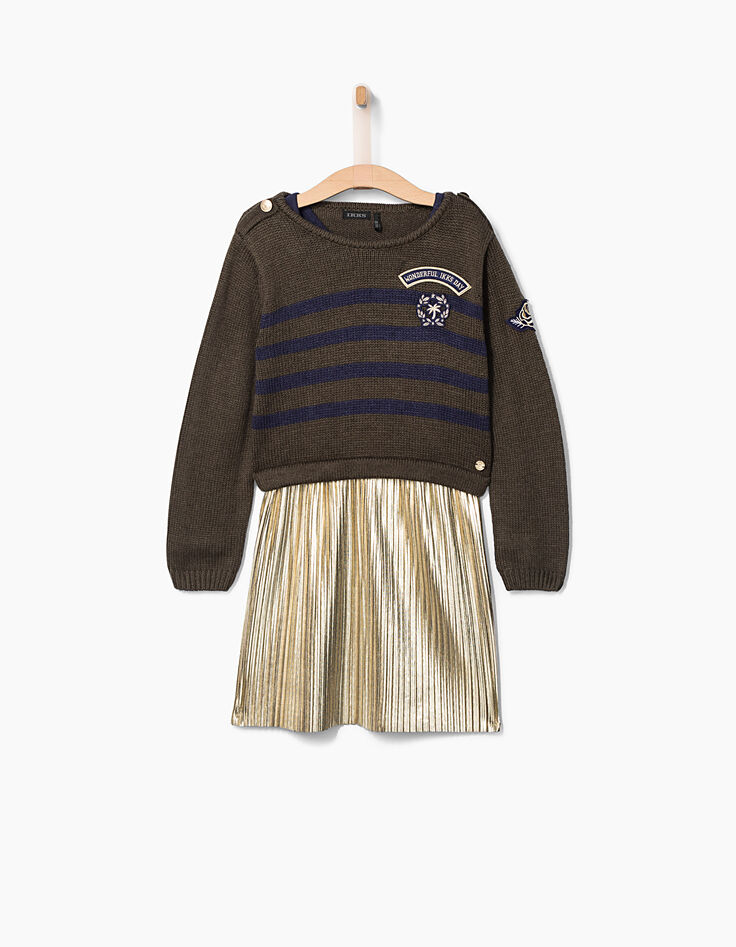 Robe 2 en 1 à plissé doré avec pull kaki fille-1
