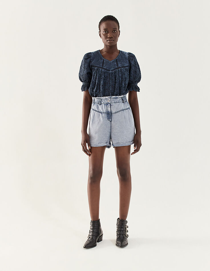 Short taille haute en tencel bleu traitement acid wash femme-5