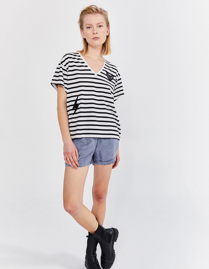 Women’s ecru sailor stripe T-shirt, black stripes & badges-6