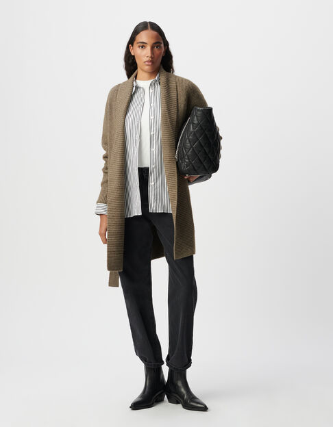 Chaqueta con cinturón militar caqui de punto lúrex para mujer - IKKS