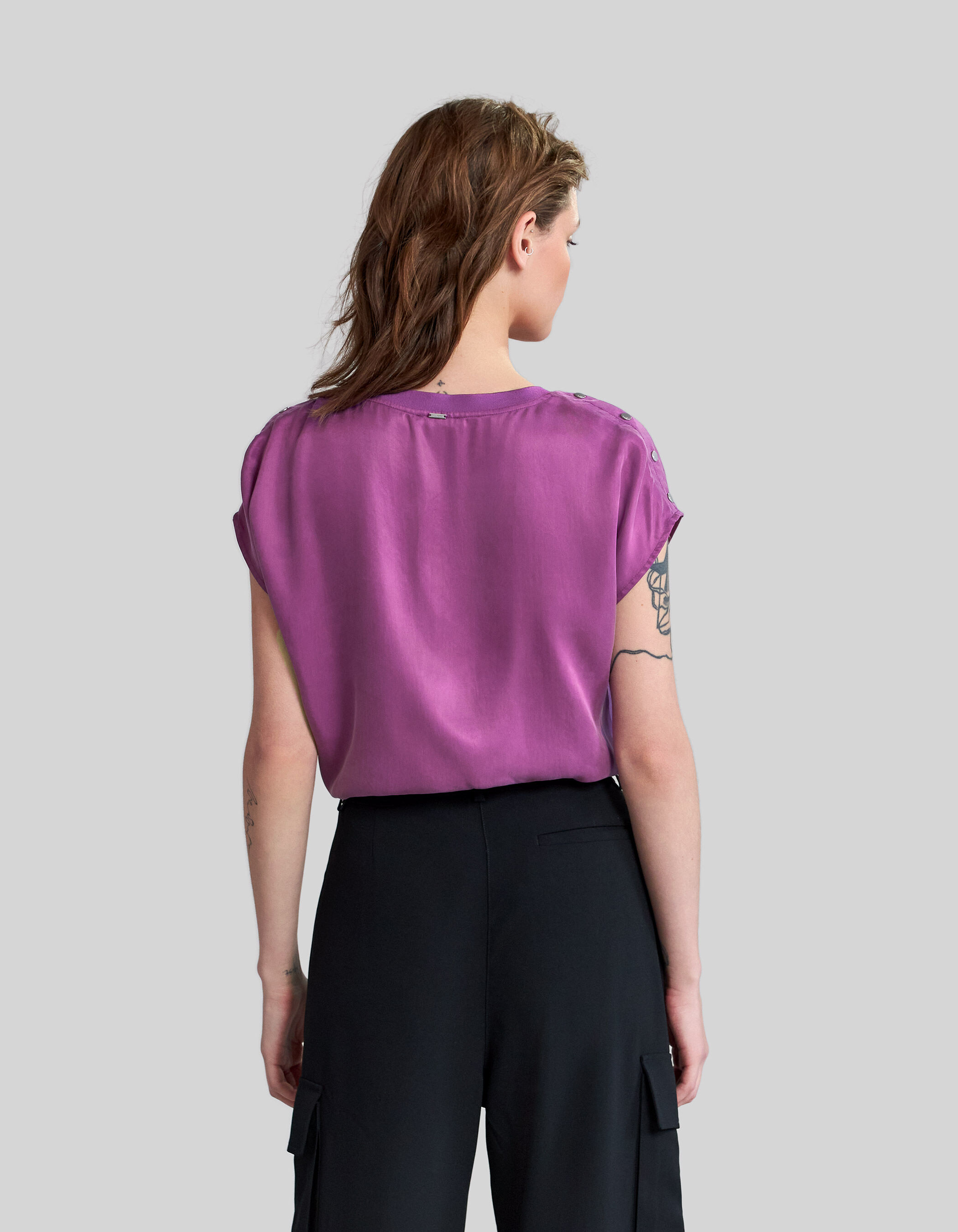 Women s purple satin top with studded shoulders IKKS
